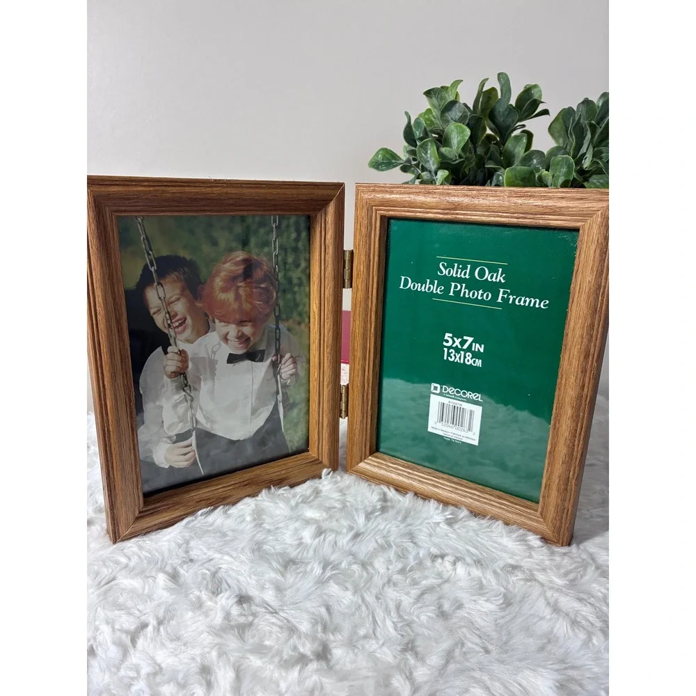Decorel Solid Oak Double Photo Frame 5x7 Hinged Bifold Wood Picture Frame Brown